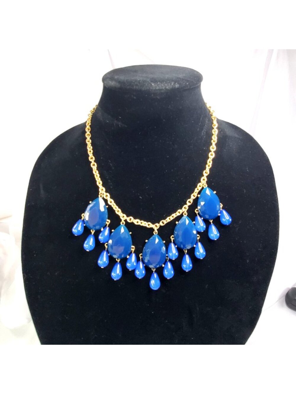 Gold-Tone Statement Bib Necklace With Blue Teardrop Plastic Faceted Accents